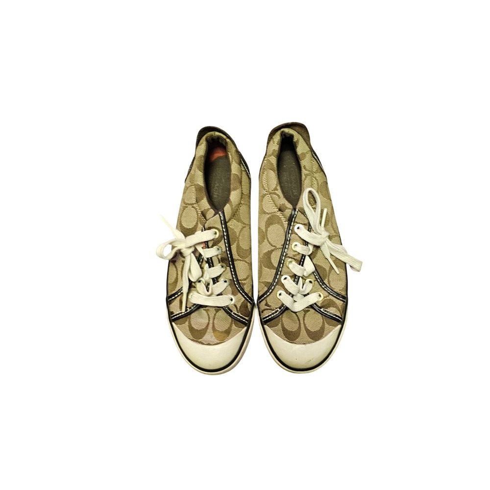 Coach Barrett Signature Jacquard Khaki Brown Sneakers Shoes Q106 Womens 6.5 B